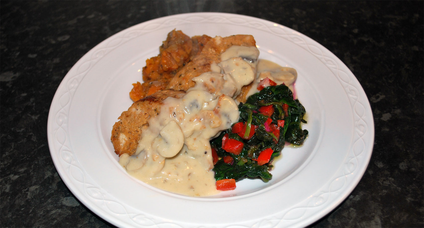 Escalope of Chicken with Sweet Potato, Mushroom & Grain Mustard Sauce with Spinach & Pimento