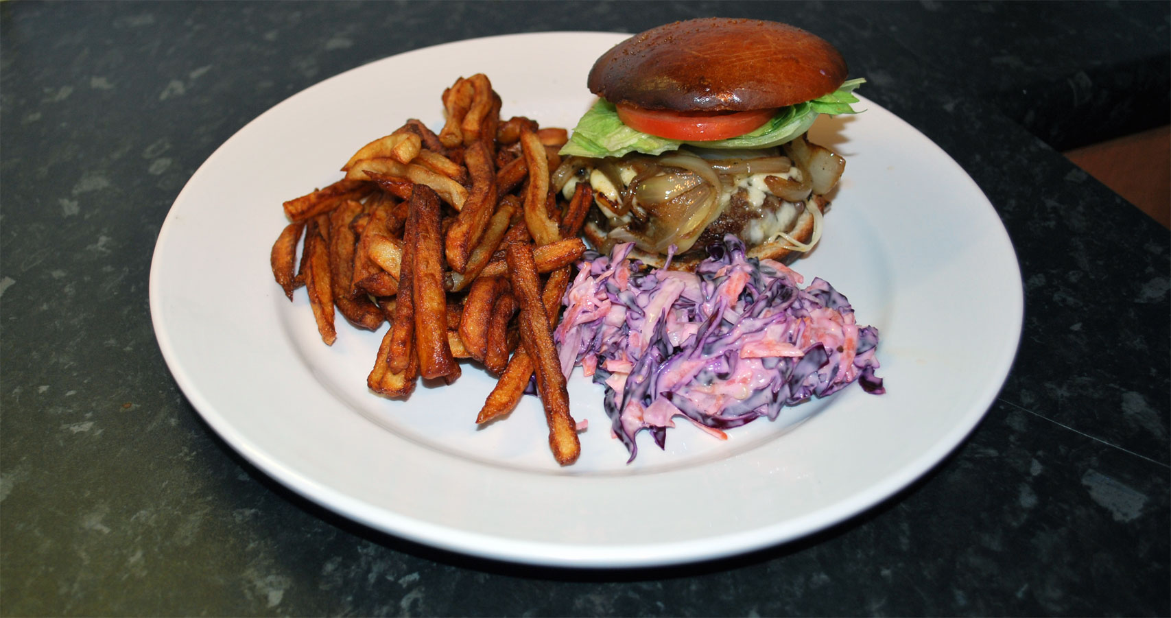 Burger & Chips with Red Cabbage Slaw